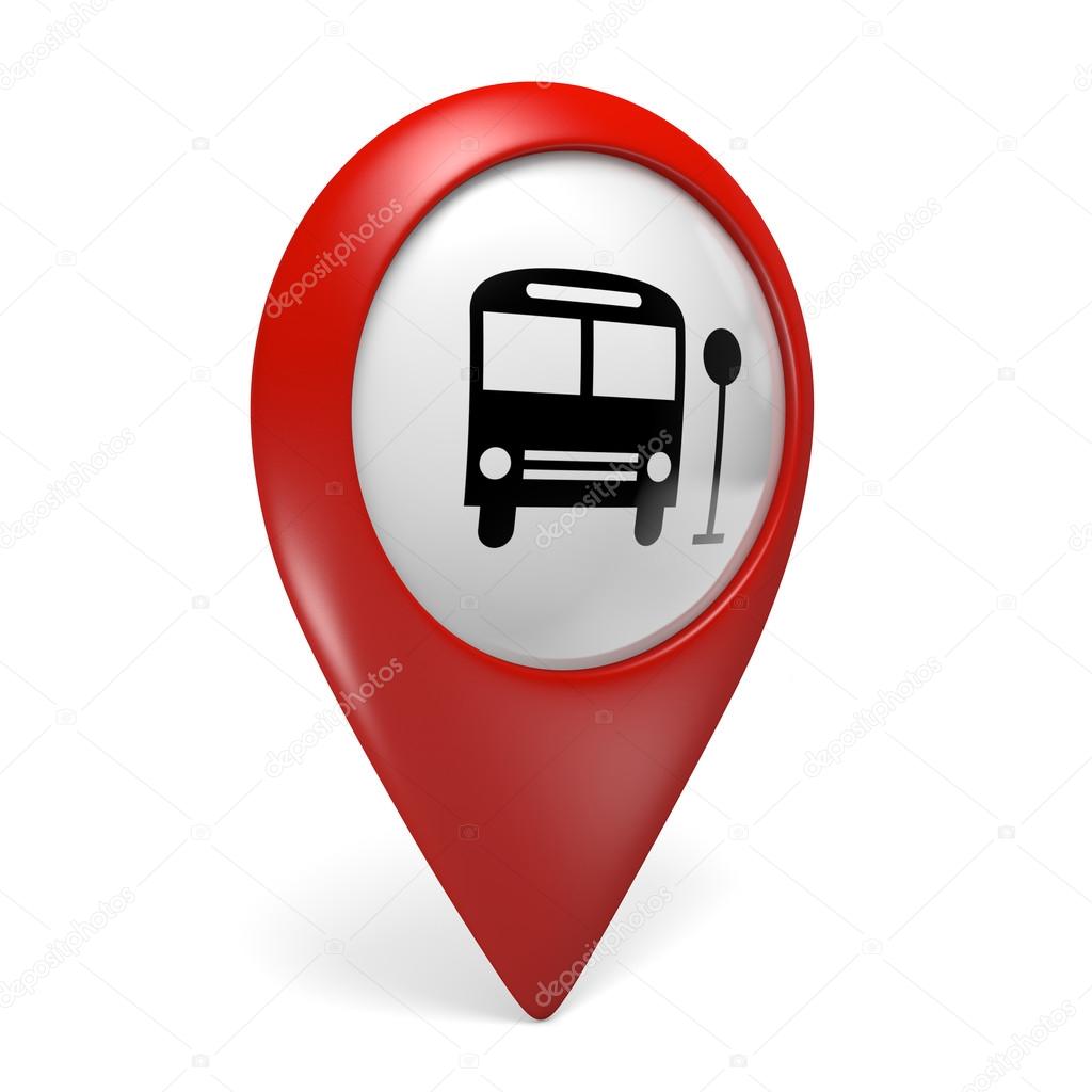 3D red map pointer icon with a bus symbol for public transportation