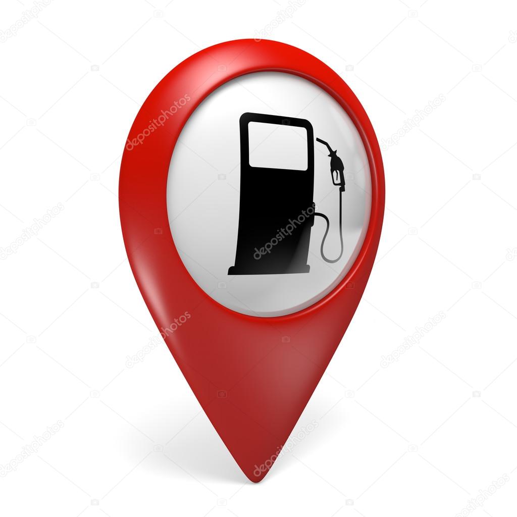 3D red map pointer icon with a fuel pump symbol for gas stations