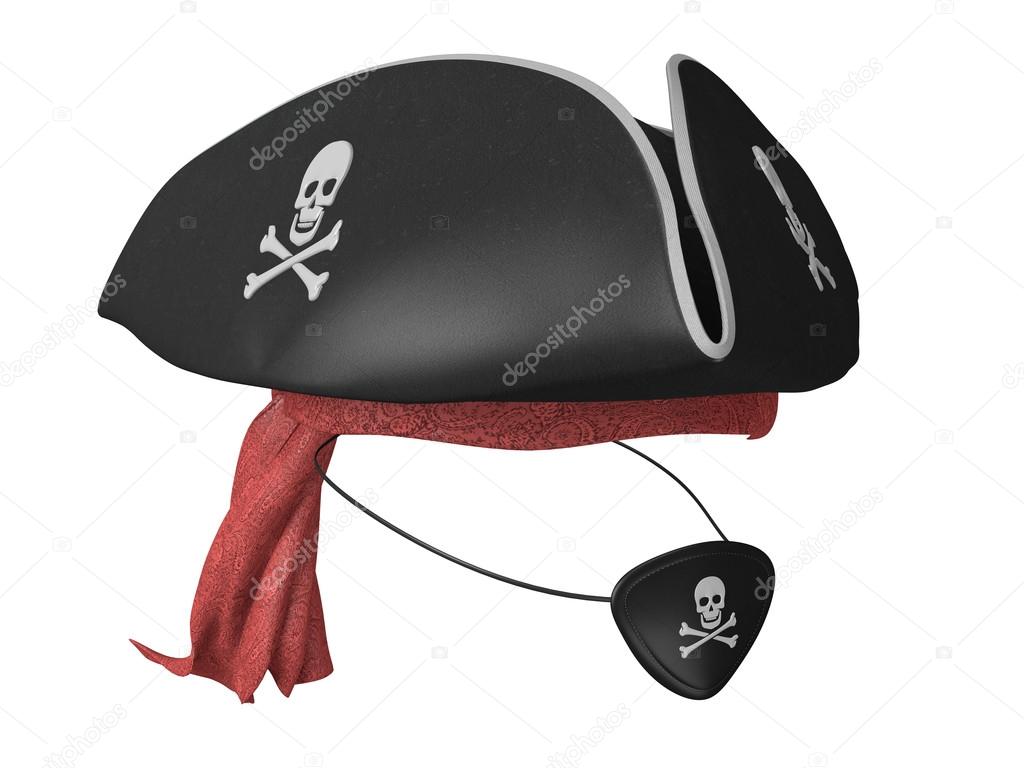 Black leather pirate hat and eyepatch with skulls and a red bandana