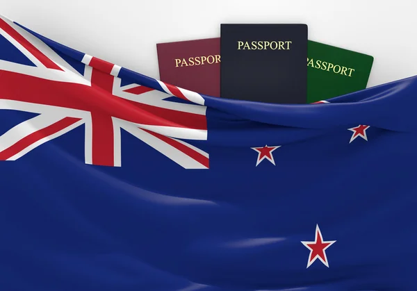 Podróże i turystyka w Nowej Zelandii, z bukietem paszportów — Zdjęcie stockowe