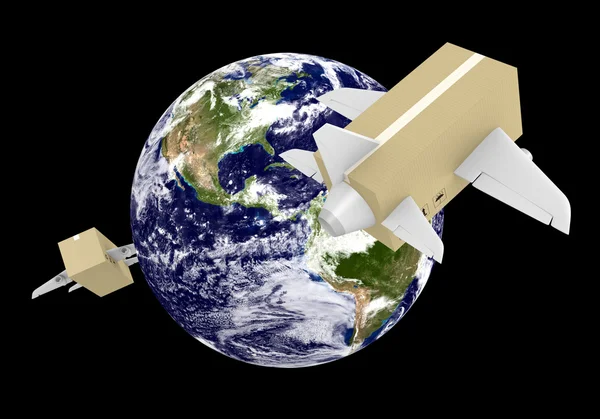 Küresel havayolu karton kutu uçakları ile nakliye — Stok fotoğraf