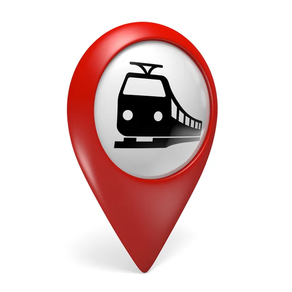 3d 红色地图指针图标与铁路车站火车符号 — 图库照片