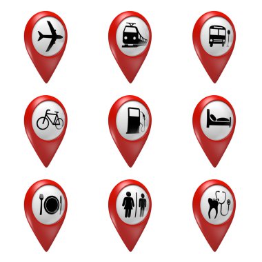 taşıma, otel, yiyecek ve Hizmetleri için 3D kırmızı harita işaretçi Icons set