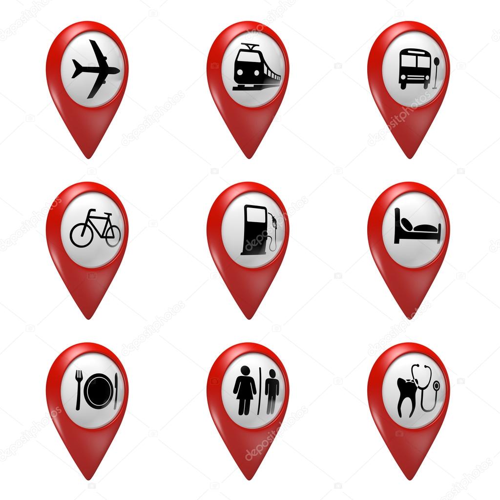 3D red map pointer icons set for transport, hotels, food, and services