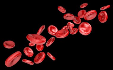 3D concept of a stream of human red blood cells isolated over black clipart