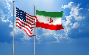 İran ve Amerikan bayrakları birlikte diplomatik görüşmeler için uçan