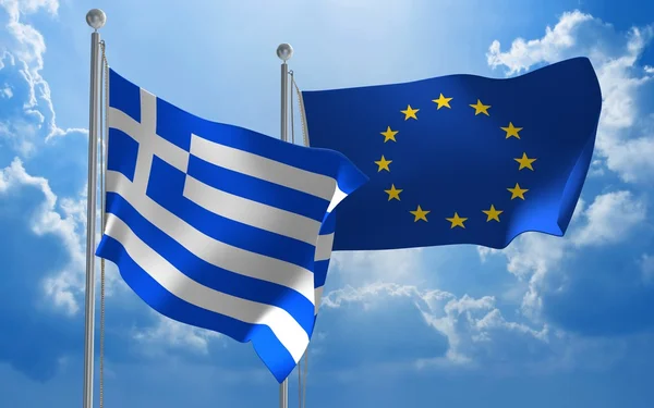 Grekland och EU flaggor flyger tillsammans för diplomatiska samtal — Stockfoto