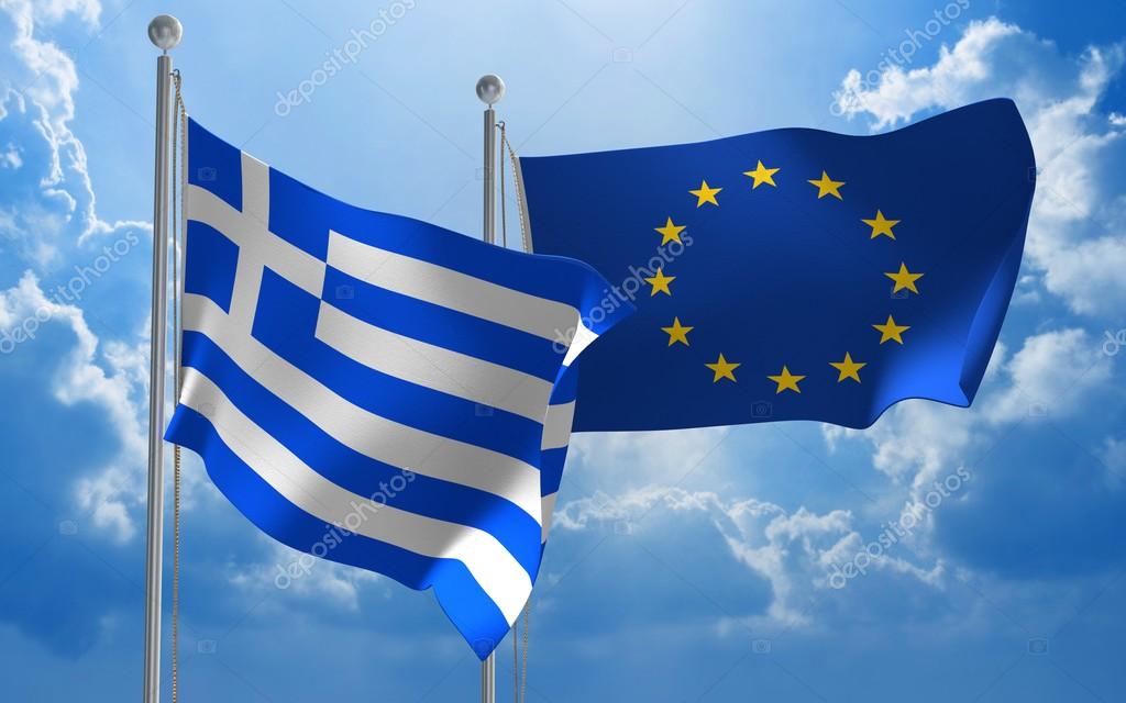 Greece and European Union flags flying together for diplomatic talks