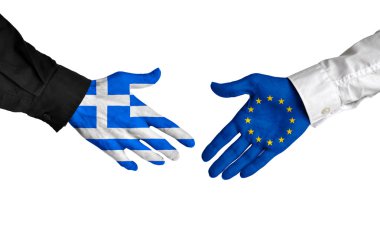 Greek and European Union leaders shaking hands on a deal agreement