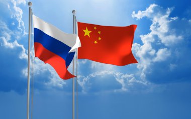 Russia and China flags flying together for diplomatic talks