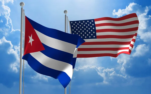 Cuba and United States flags flying together for diplomatic talks — стокове фото