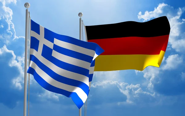 Řecko a Německo vlajky vlají společně pro diplomatické jednání — Stock fotografie