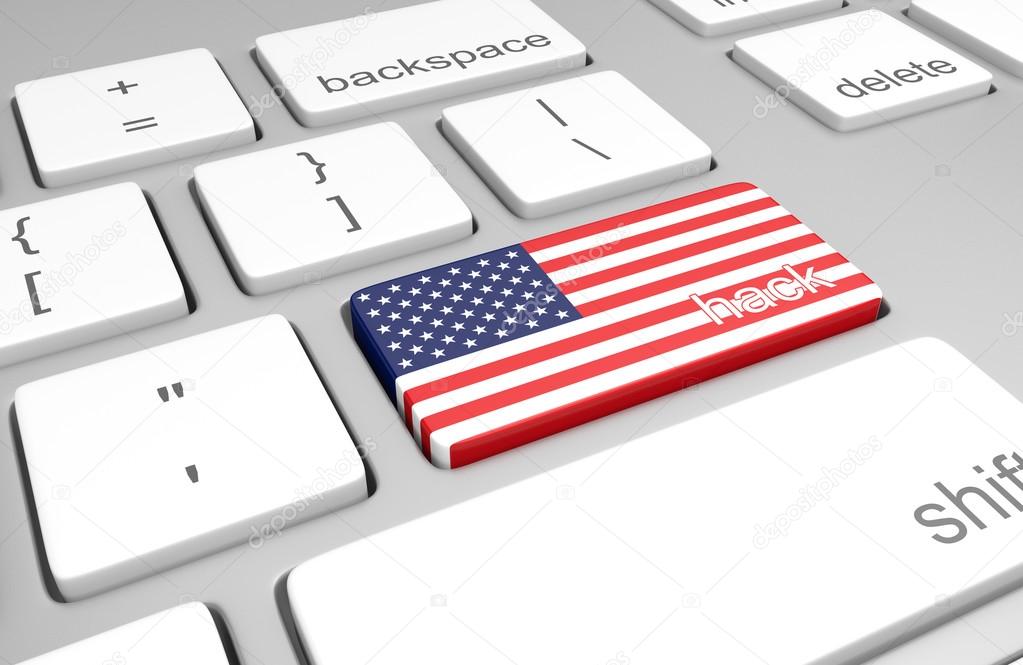 United States hacking concept of a computer keyboard and a key painted with the American flag