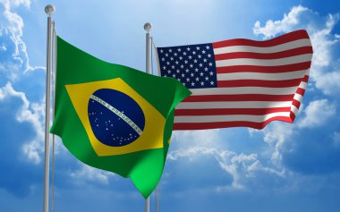 Brazil and United States flags flying together for diplomatic talks clipart
