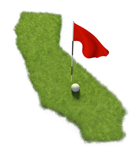 Pallone da golf e palo bandiera in rotta mettendo verde a forma di stato della California — Foto Stock