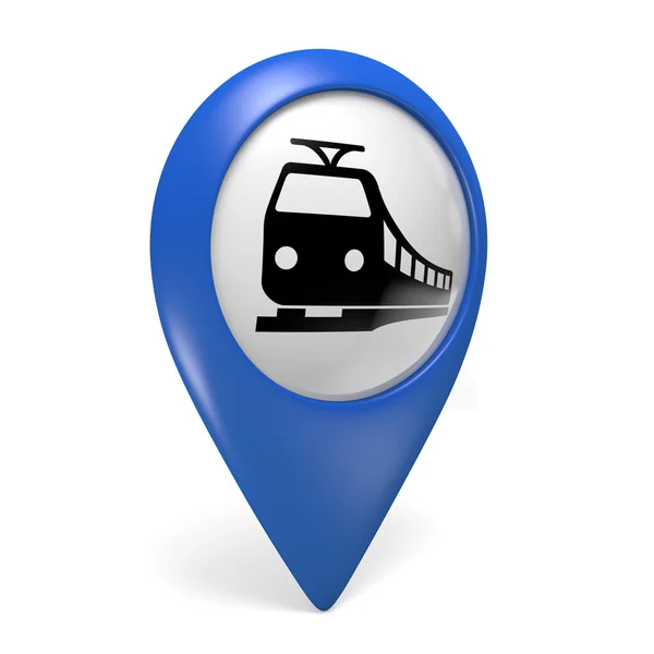 Blå karta pekaren 3d ikonen med ett tåg symbol för järnvägsstationer — Stockfoto