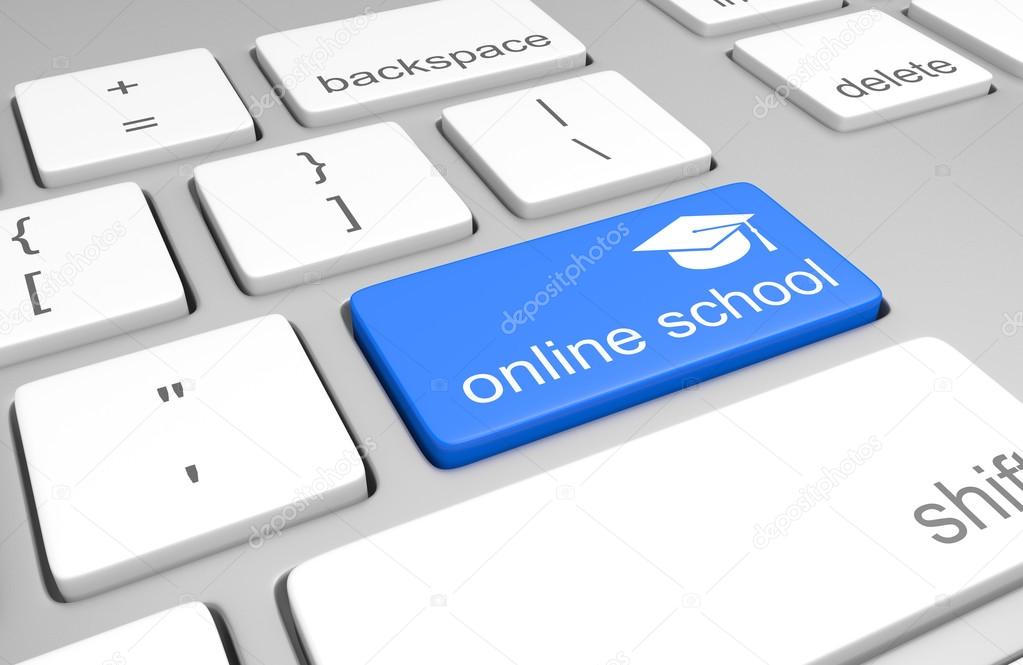 Online school key on a computer keyboard for finding colleges and classes