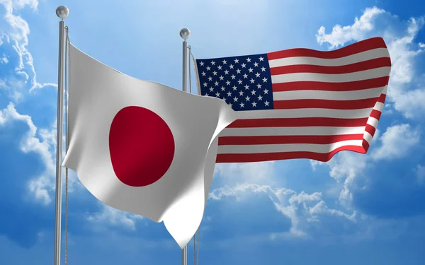Флаги Японии и США, развевающиеся вместе для дипломатических переговоров — стоковое фото