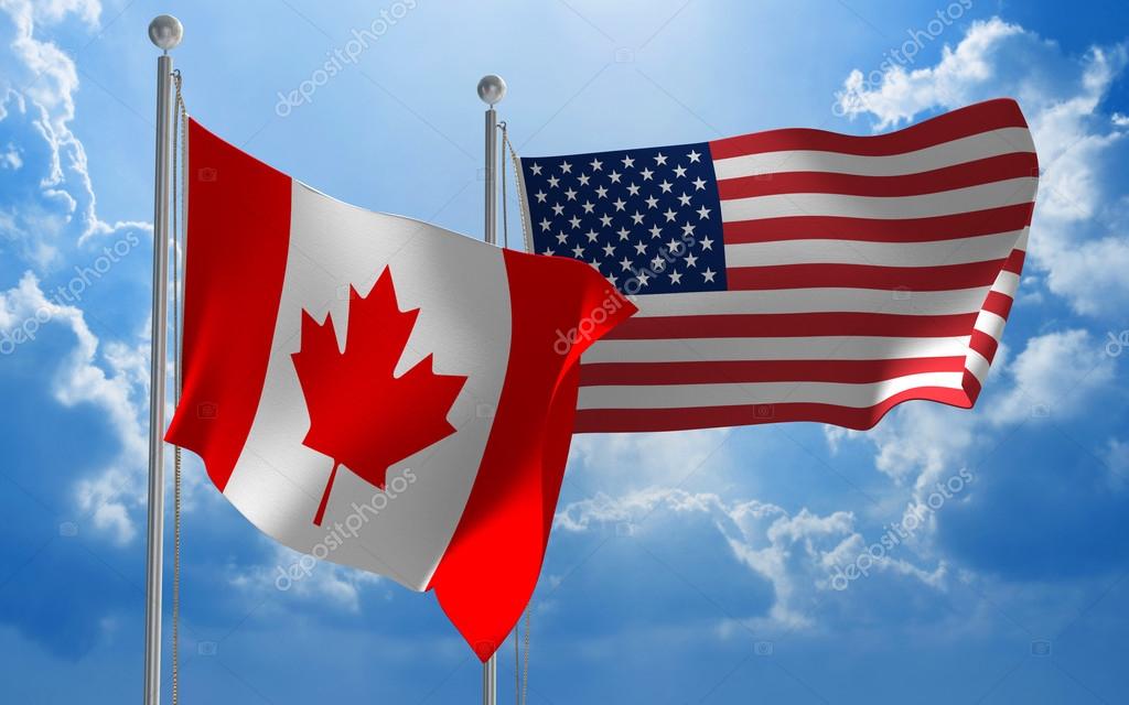 Canada And United States Flags Flying Together For Diplomatic Talks