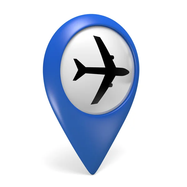 Blue map pointer 3D icon with a plane symbol for airports — Stock Photo, Image