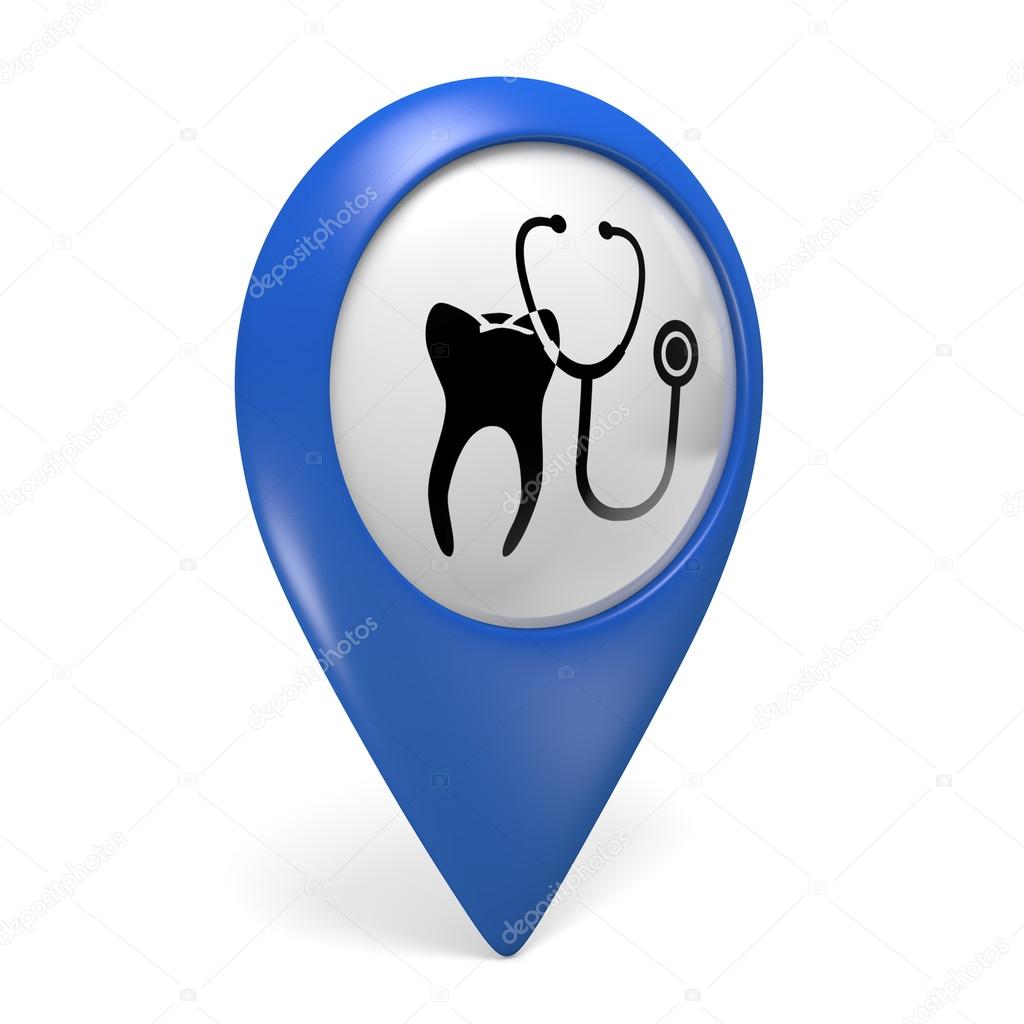 Blue map pointer 3D icon with a tooth symbol for dental clinics