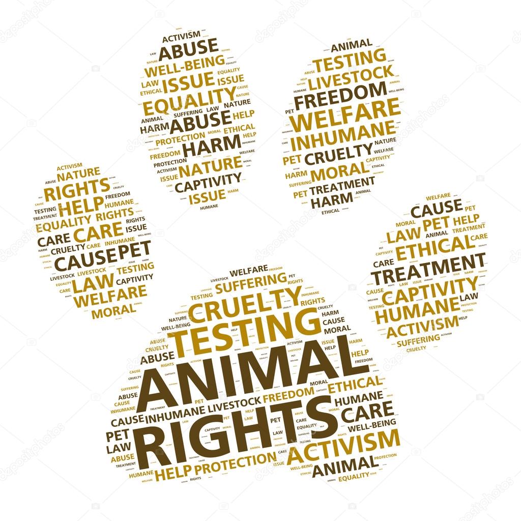 Paw print word cloud for animal rights and ethical treatment