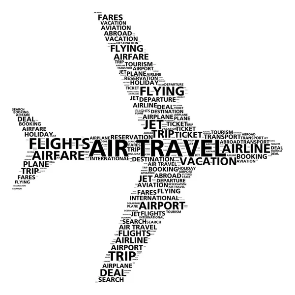 Légi közlekedés szó felhő a légitársaság foglalási és a járat keresés — Stock Fotó