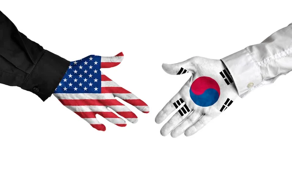 USA och Sydkorea ledare skakar hand på en del avtal — Stockfoto