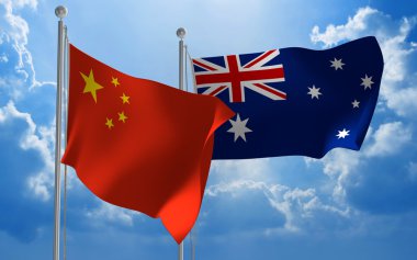 Çin ve Avustralya bayrakları birlikte diplomatik görüşmeler için uçan