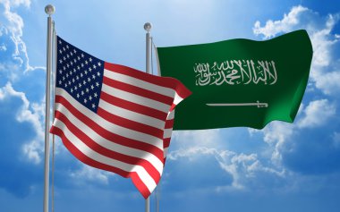 Amerika Birleşik Devletleri ve Suudi Arabistan bayrakları birlikte diplomatik görüşmeler için uçan