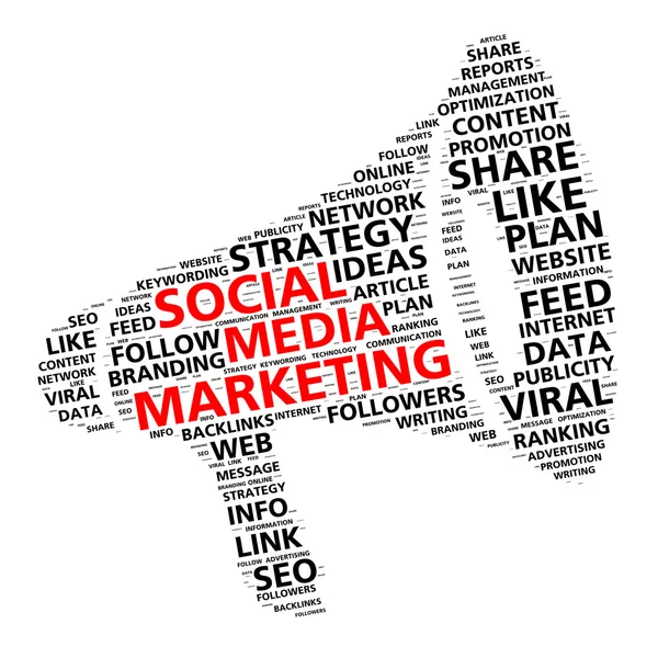 Sociale media marketing woord wolk in de vorm van een megafoon voor inhoud promotie — Stockfoto
