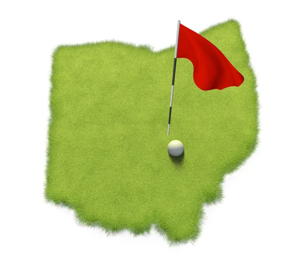 Golf ball and flag pole on course putting green shaped like the state of Ohio — Stock Photo, Image