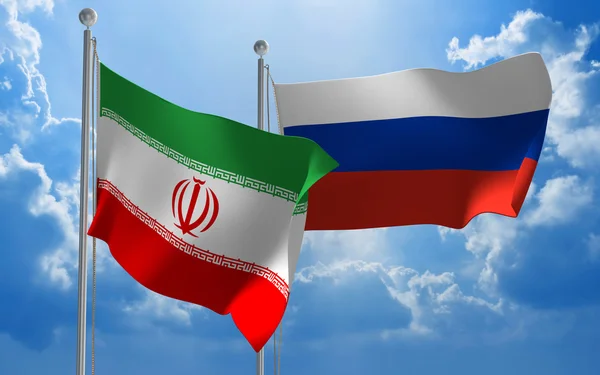 Iran and Russia flags flying together for diplomatic talks — Stock Photo, Image
