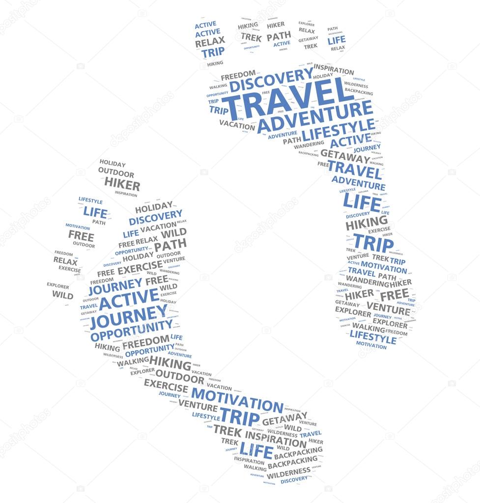 Footprints word cloud based on adventure and foot travel