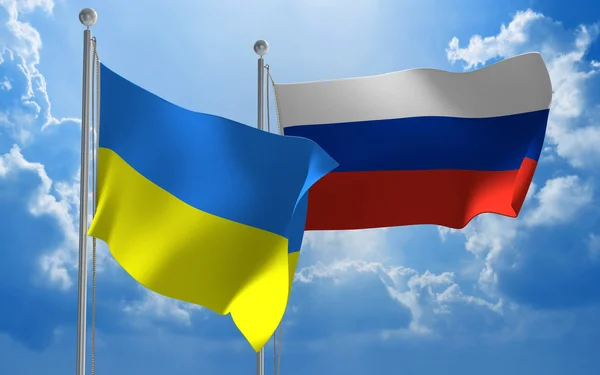 Ukraine and Russia flags flying together for diplomatic talks — Stock Photo, Image