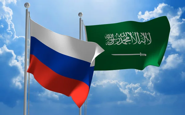 Росія і Саудівська Аравія прапори flying разом для дипломатичних переговори — стокове фото