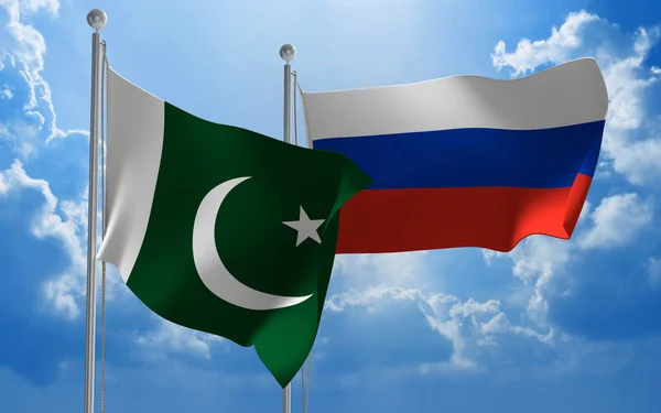 Pákistán a Rusko vlajky vlají společně pro diplomatické jednání — Stock fotografie