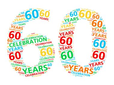 Colorful word cloud for celebrating a 60 year birthday or anniversary clipart