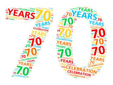 Colorful word cloud for celebrating a 70 year birthday or anniversary clipart