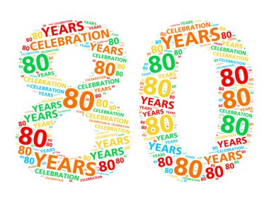 Colorful word cloud for celebrating a 80 year birthday or anniversary clipart