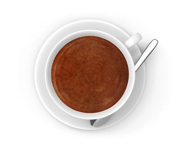 Dark coffee in a white cup with a saucer and stirring spoon — Stock Photo, Image