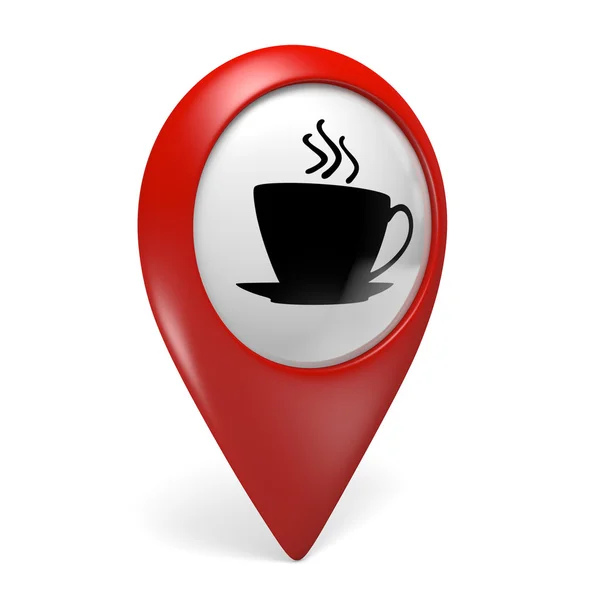 3D red map pointer icon with a hot drink symbol for cafes and coffee shops — Stock Photo, Image