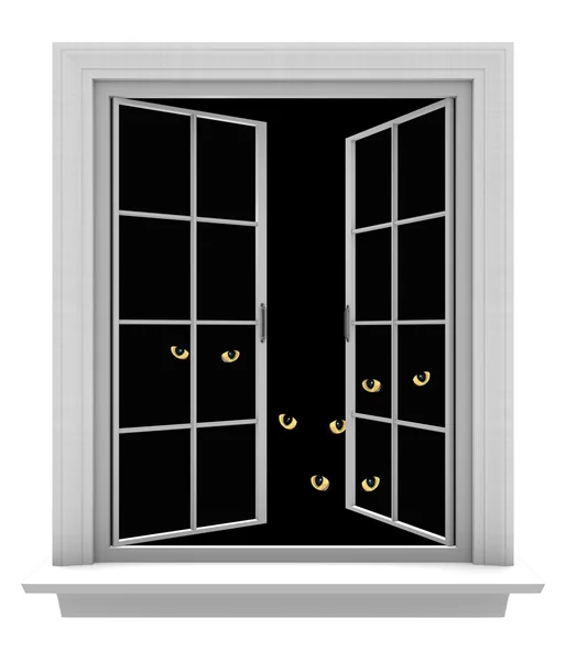 Страшные злые глаза монстра, смотрящие в открытое окно дома на Хэллоуин — стоковое фото