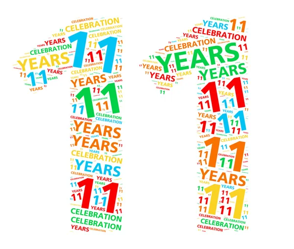 Nuvola di parole colorate per festeggiare un compleanno o un anniversario di 11 anni — Foto Stock