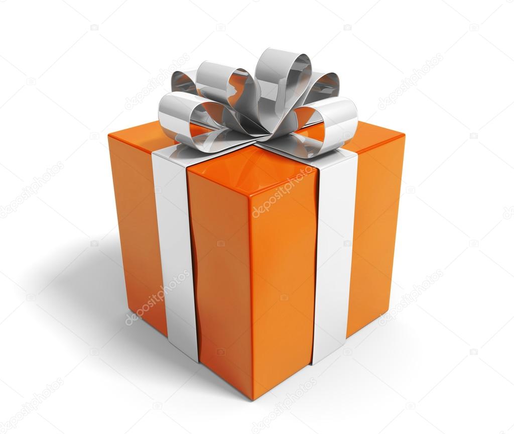 Pretty orange gift box reward wrapped in a shiny silver ribbon — Stock