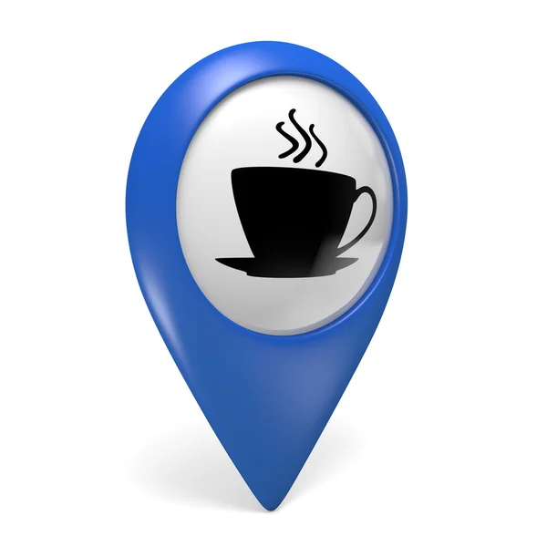 Blue map pointer 3D icon with a coffee cup symbol for cafes and bistros — Stock Photo, Image