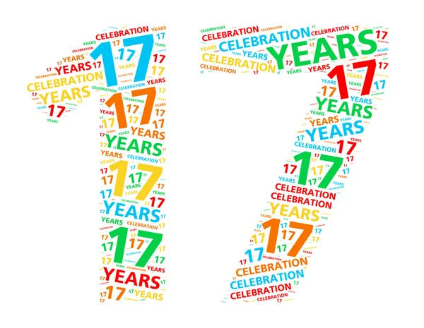 Nuvola di parole colorate per festeggiare un compleanno o un anniversario di 17 anni — Foto Stock