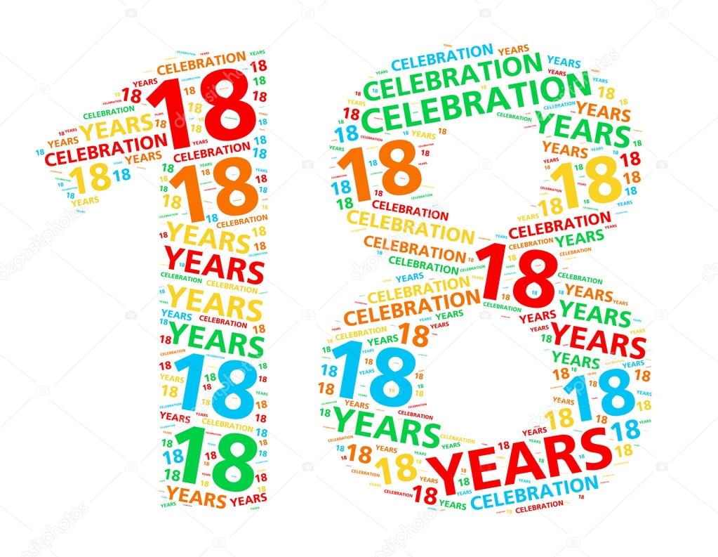 Colorful word cloud for celebrating a 18 year birthday or anniversary