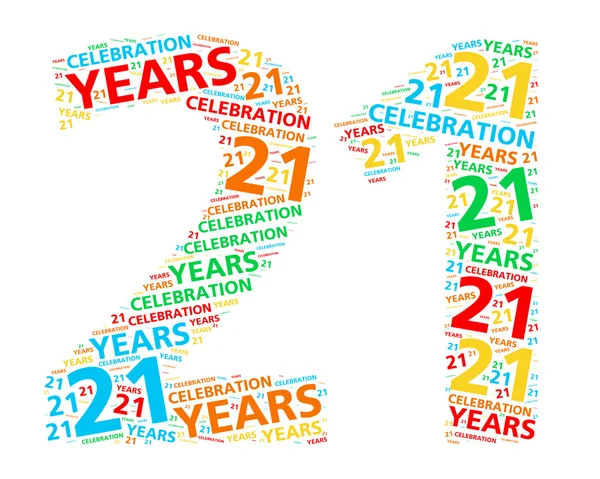 Nube de palabras colorida para celebrar un cumpleaños o aniversario de 21 años —  Fotos de Stock
