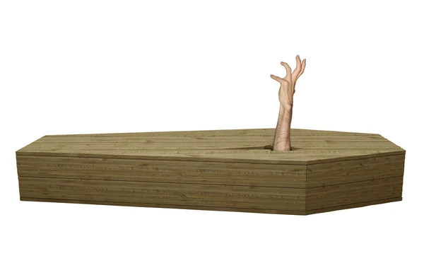 Mão zumbi morto-vivo saindo de um caixão de madeira no Halloween — Fotografia de Stock